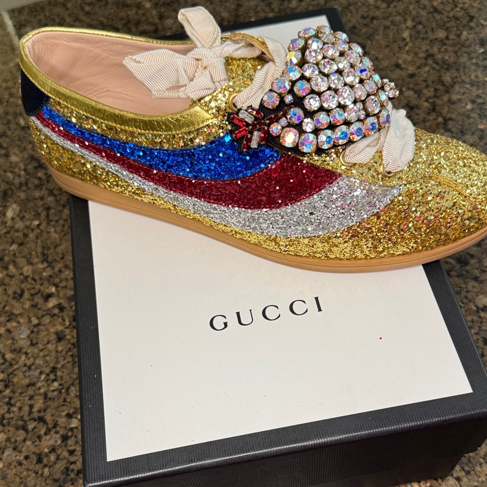 Gucci Women's Glitter Sneakers with Jewel Accent